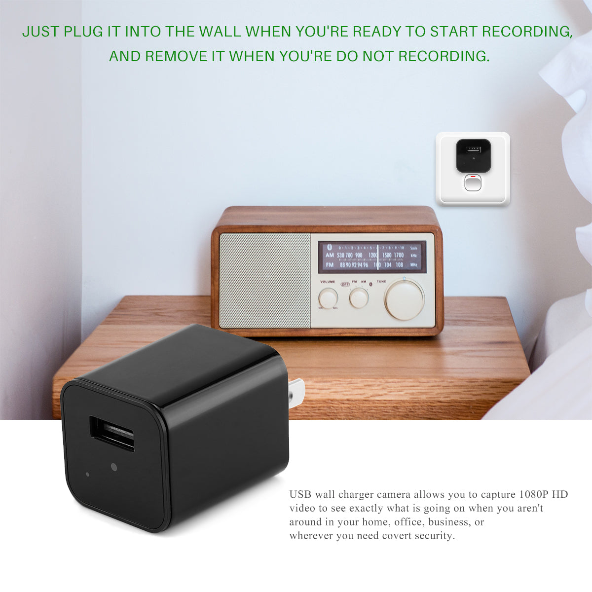 Black USB charger with built-in HD 1080P hidden camera for covert home security recording