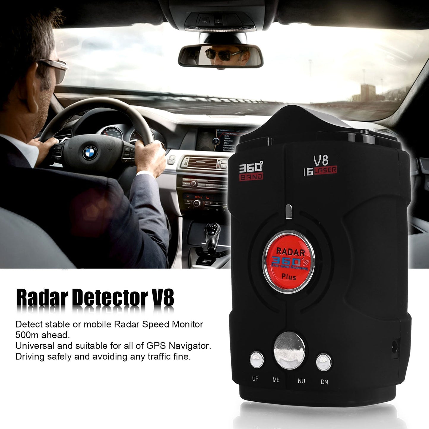 V8 Car Radar Detector black device with 360-degree detection for radar and speed cameras in a car interior setting