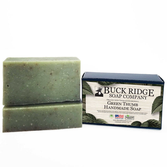 Green Thumb soap by Buck Ridge Soap Company with natural green color and organic ingredients