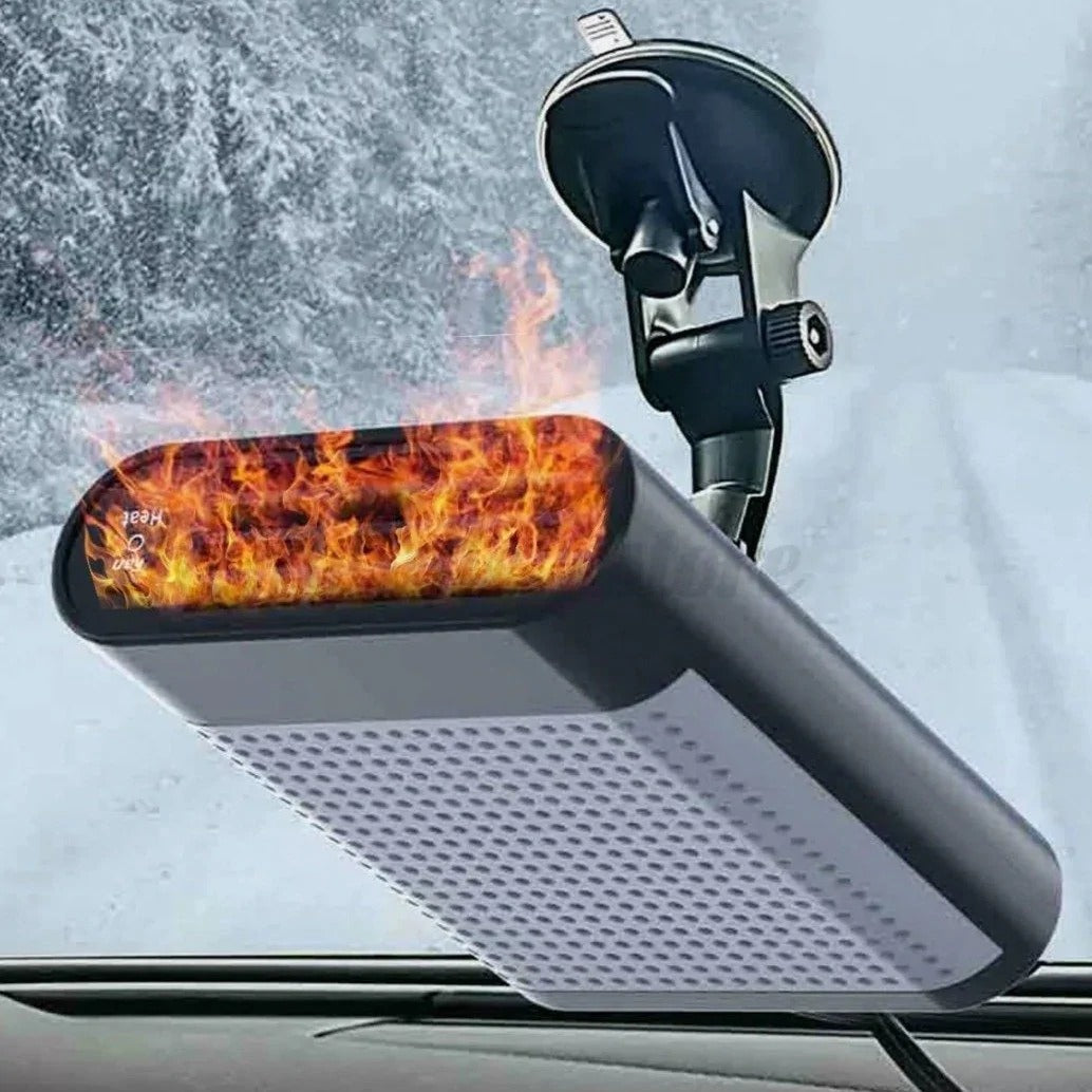 Powerful car heater and fan defroster mounted on windshield with flames showing heating function in snowy environment