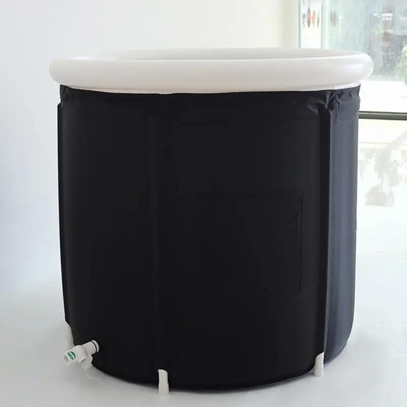 Black folding bath bucket with thickened walls and drain valve, large 400-liter capacity adult bath tub