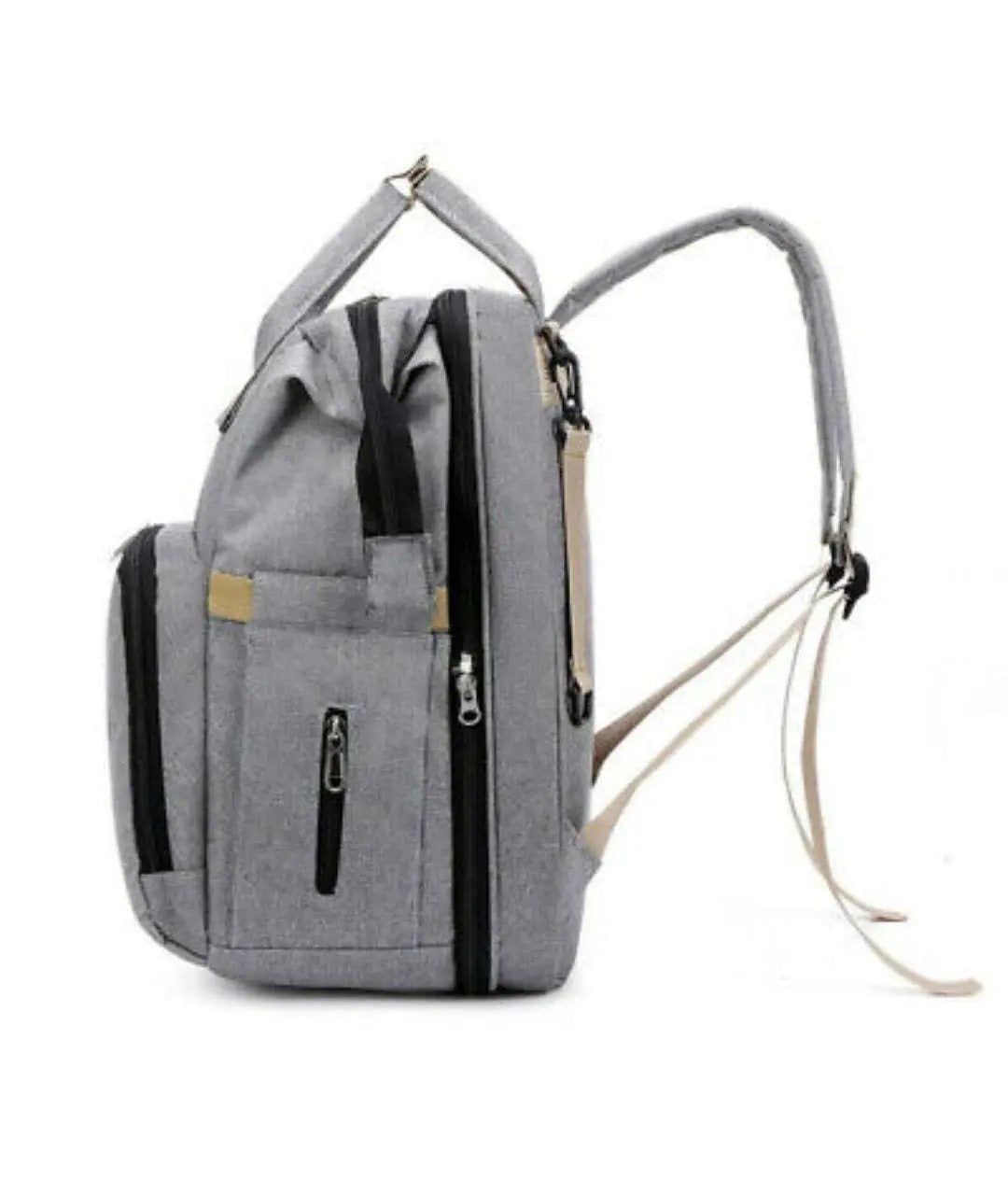 Gray nylon stroller diaper bag with multiple compartments and adjustable straps
