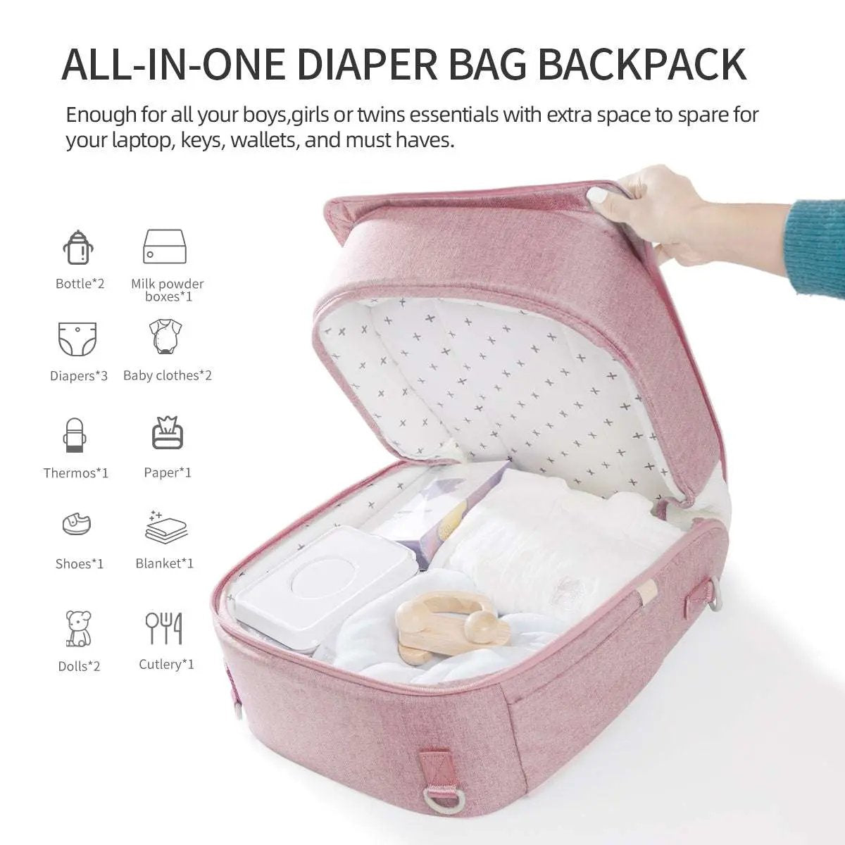 Portable baby diaper bag backpack with organized compartments and foldable changing pad in pink