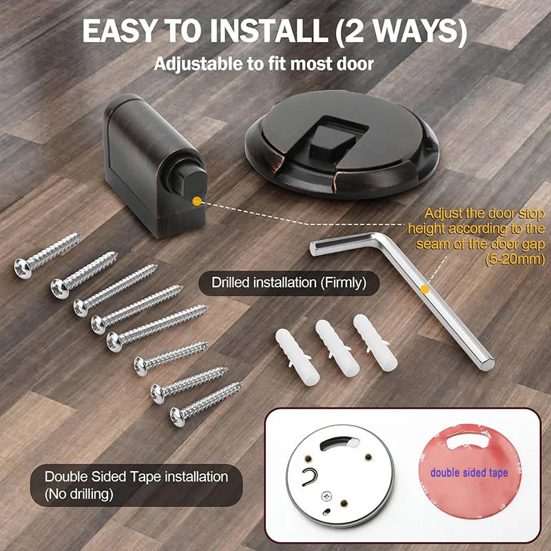 Windproof door stopper with oil rubbed bronze finish and adjustable height, includes screws and double sided tape for versatile installation