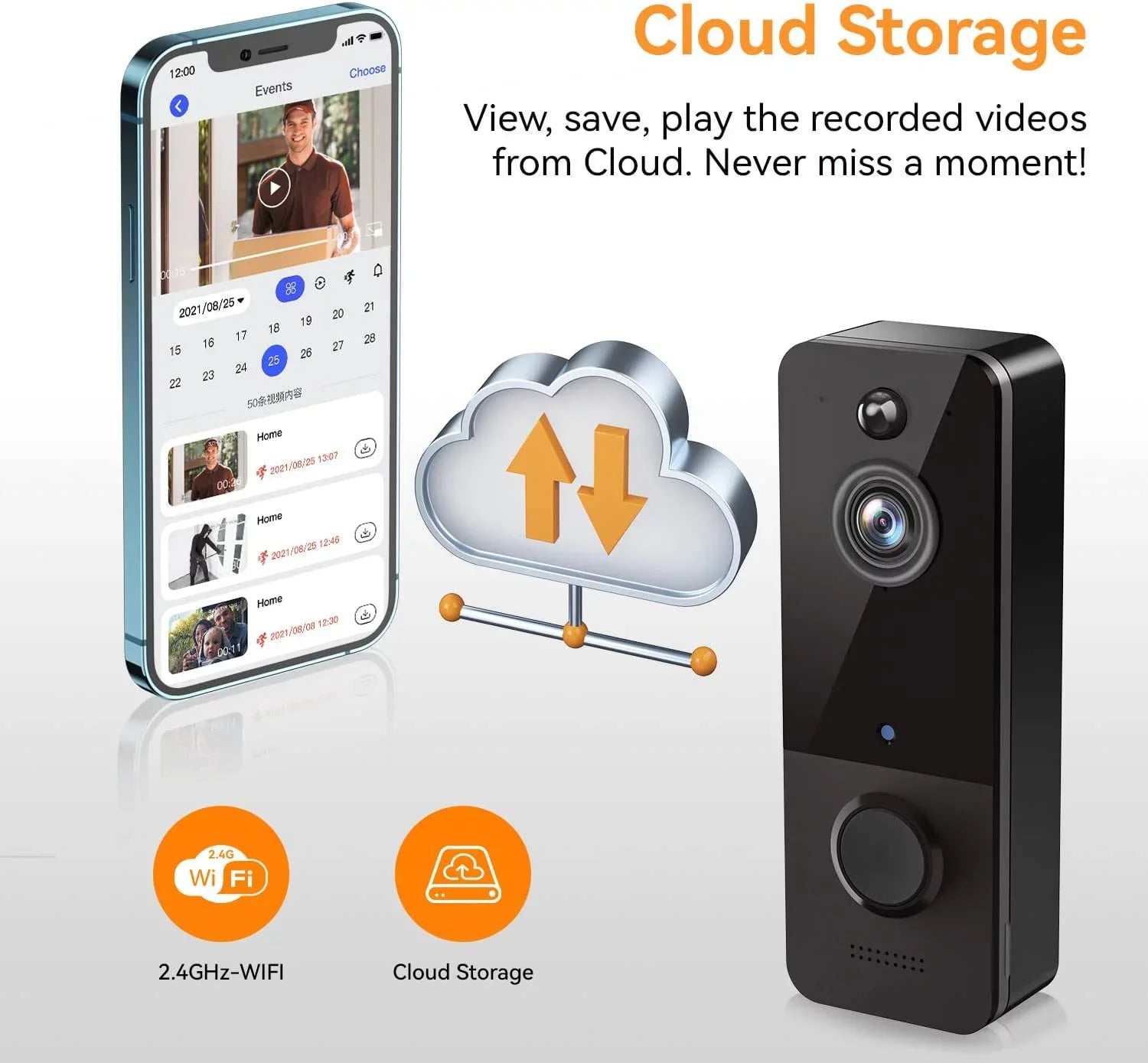 Black wireless doorbell camera with chime, 1080P HD video, 2.4GHz WiFi, cloud storage, and two-way audio.