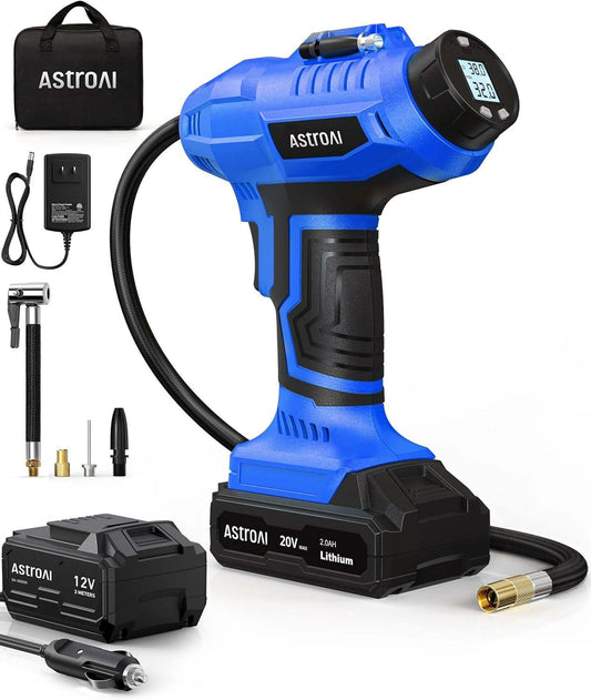 Blue cordless tire inflator air compressor with digital pressure gauge, rechargeable battery, and accessories including power adapter and storage bag.