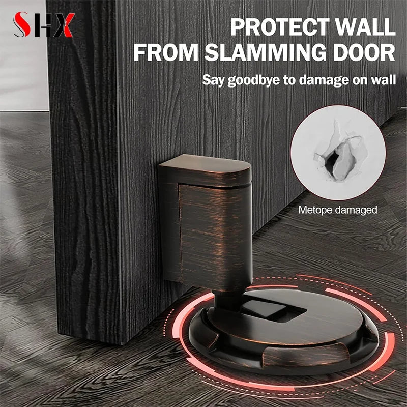 Windproof door stopper in oil rubbed bronze finish protecting wall from door slamming damage