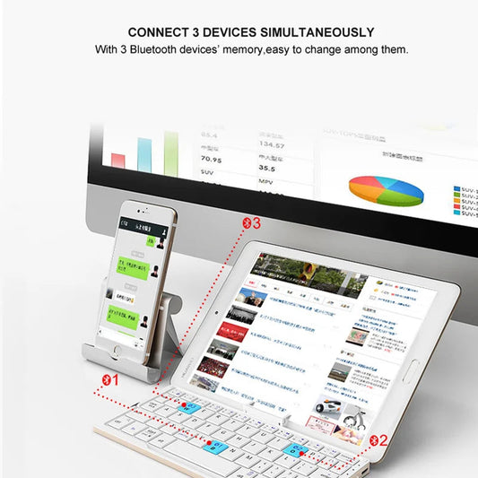 Black pocket foldable Bluetooth keyboard with stand holder for phones and tablets