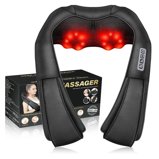 Shiatsu deep tissue neck and shoulder massager with heat and 4D kneading massage heads in black ergonomic design