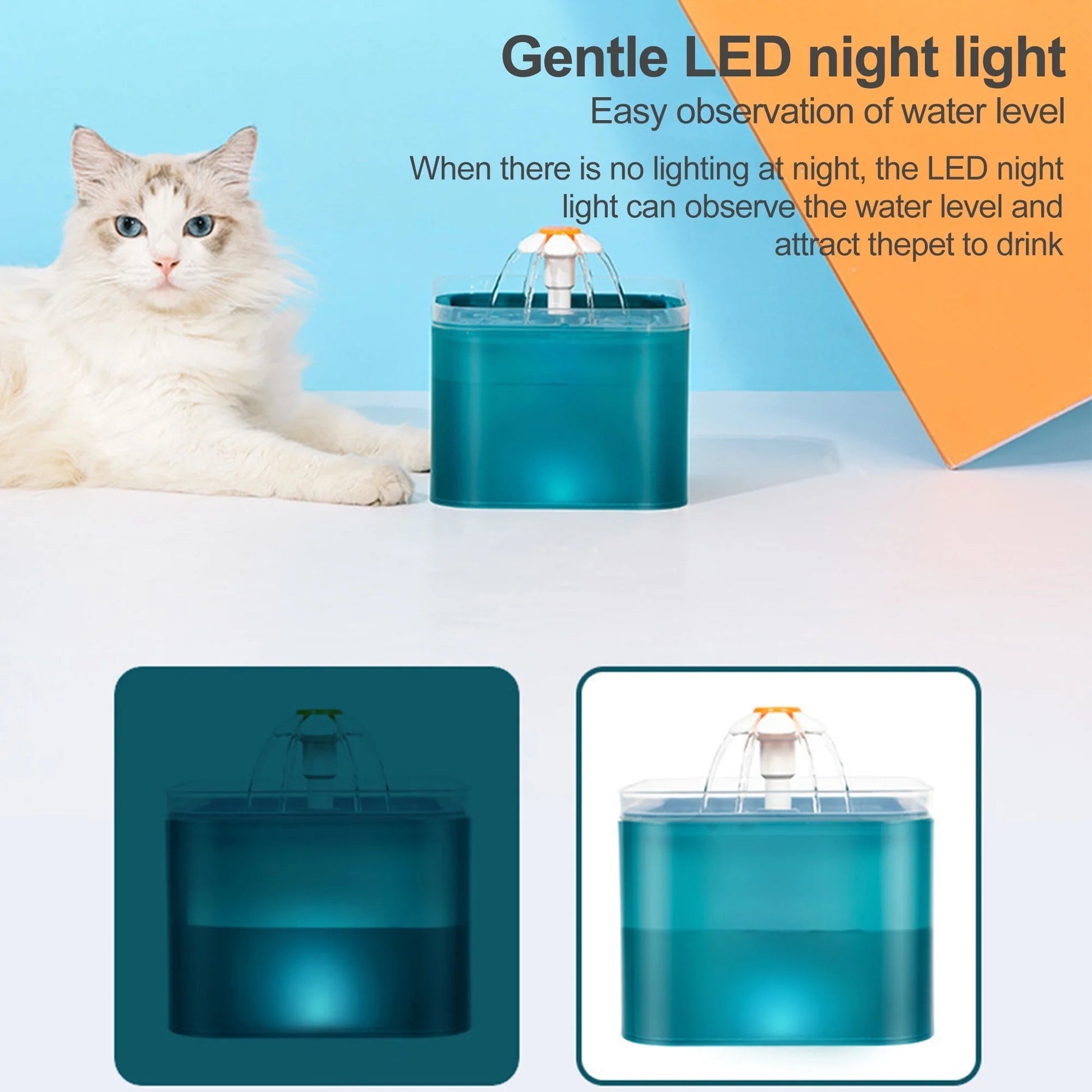 Automatic 2L water fountain for cats with LED light and quiet pump for indoor pets