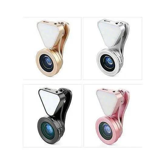 Glow Face 3-in-1 photo lens and LED fill light clip in assorted colors for enhanced selfies and detailed photography