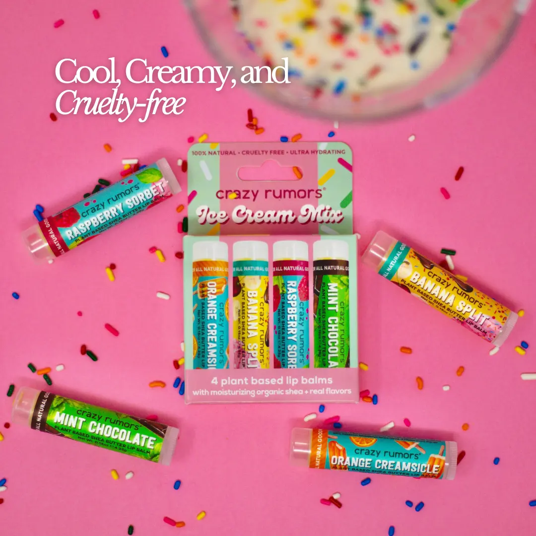 Ice Cream Mix 4 pack lip balm set with Orange Creamsicle, Banana Split, Raspberry Sorbet, and Mint Chocolate flavors on pink background with sprinkles