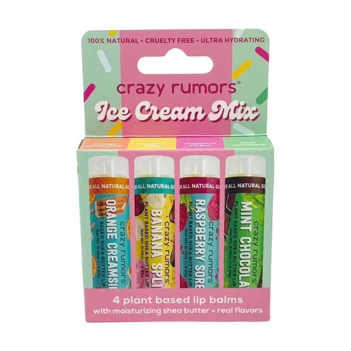 Ice Cream Mix 4 pack plant-based lip balm set with Orange Creamsicle, Banana Split, Raspberry Sorbet, and Mint Chocolate flavors in colorful packaging