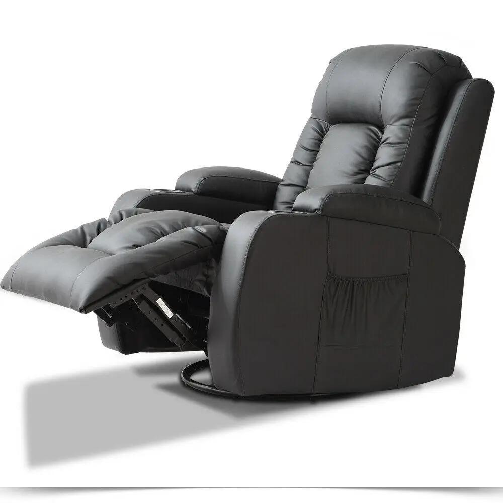 Black electric massage chair recliner with adjustable footrest and padded armrests in premium PU leather
