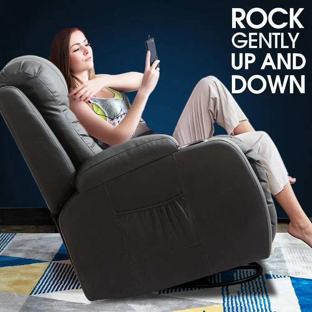 Electric massage chair recliner with adjustable backrest and footrest in black premium PU leather