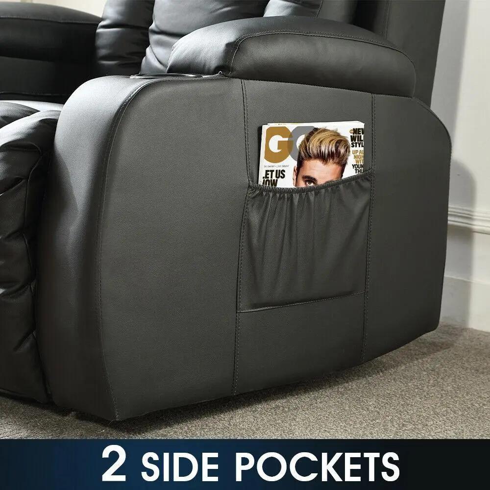 Black premium PU leather electric massage chair with side pocket and padded armrest
