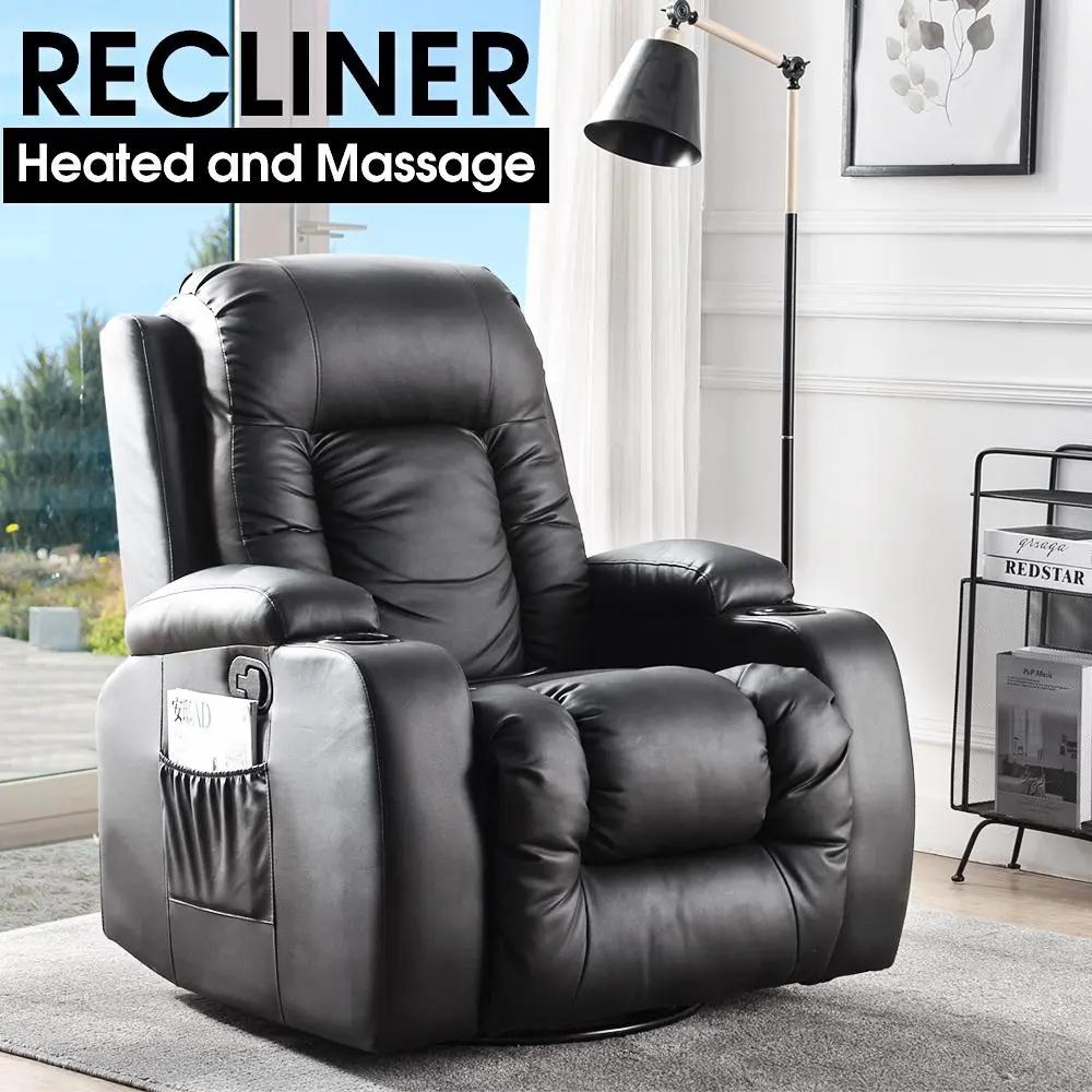 Black electric massage chair recliner with heated 8-point massage and adjustable backrest and footrest for full body comfort