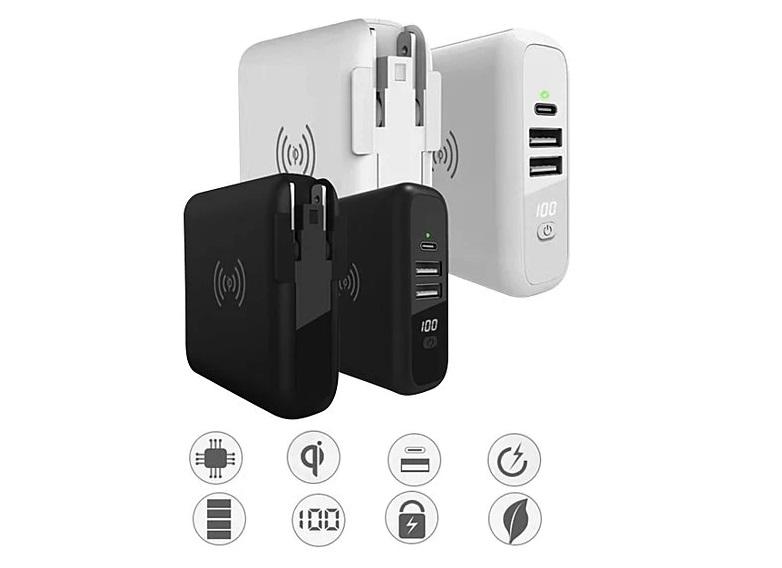 Global Gadget Charger with 2 USB ports, 1 Type-C, Qi wireless, power bank, LED display, and multi-global outlet adapter in black and white.