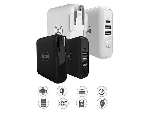 Global Gadget Charger with 2 USB ports, 1 Type-C, Qi wireless, power bank, LED display, and multi-global outlet adapter in black and white.