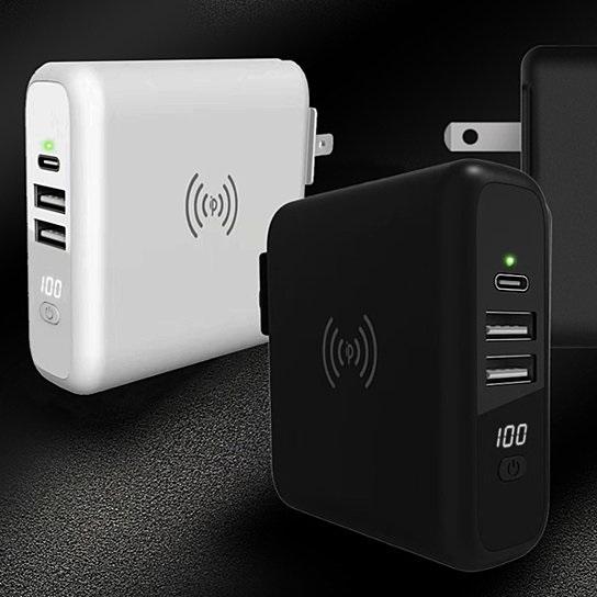 Global Gadget Charger portable travel charger with USB ports, Type-C, Qi wireless charging, power bank, and global outlet adapter in black and white colors.