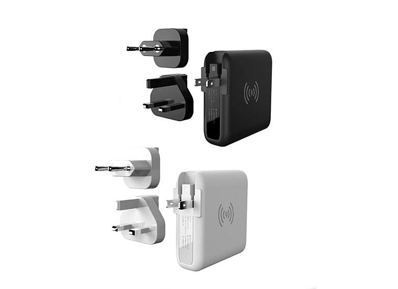 Global Gadget Charger portable multi-power charger with USB, Type-C, wireless charging, and global outlet adapters in black and white.