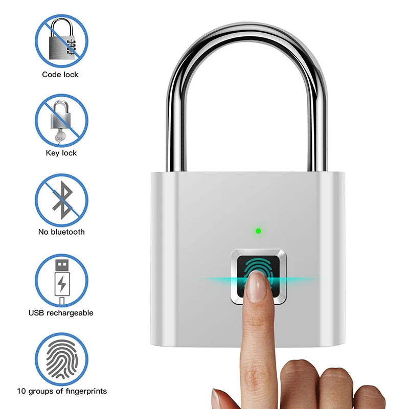 Black silver USB rechargeable smart fingerprint padlock with zinc alloy metal body and quick unlock feature