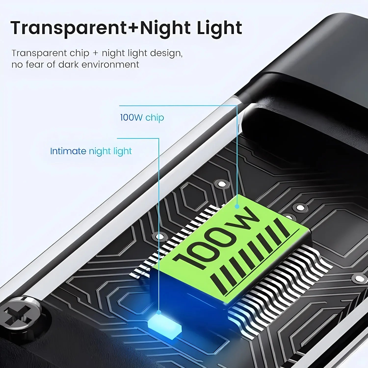 3 in 1 charging cable with transparent 100W chip and night light design for fast charging