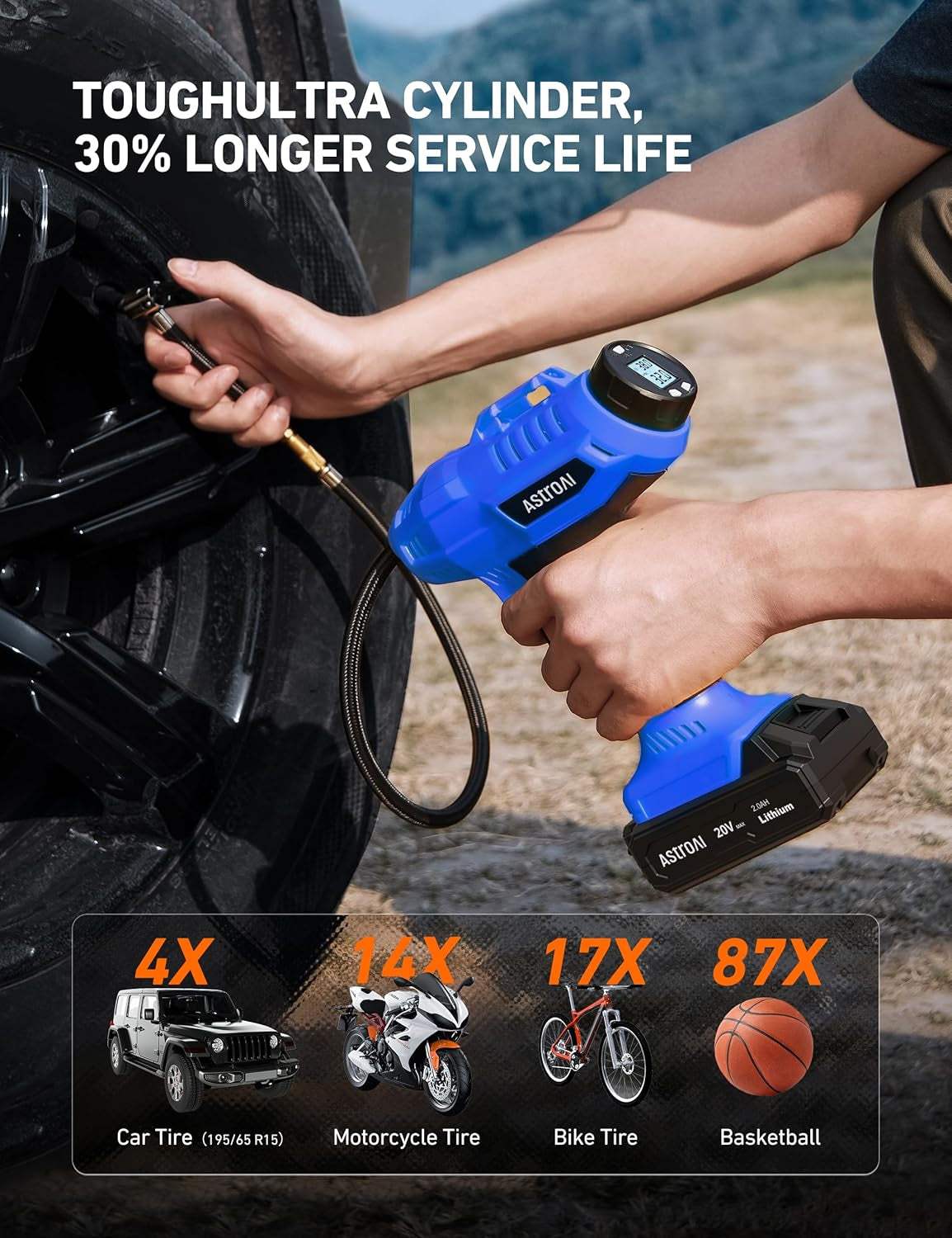 Cordless tire inflator air compressor with metal cylinder, digital pressure gauge, and rechargeable 20V battery for cars, motorcycles, bikes, and inflatables.