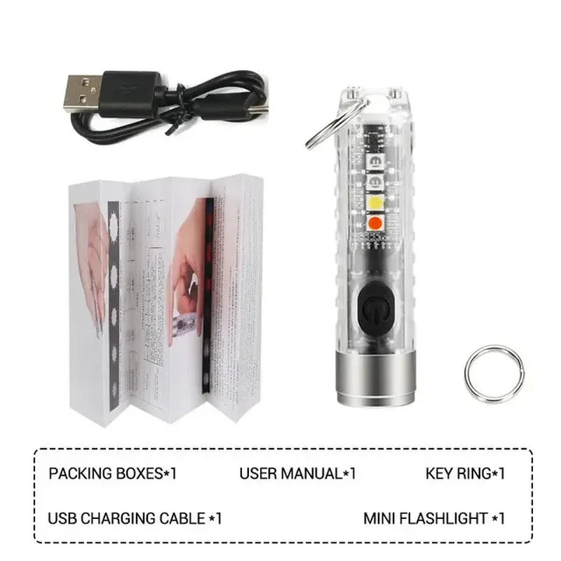 Magnet multifunction warning camping flashlight with USB charging cable, user manual, key ring, and compact design