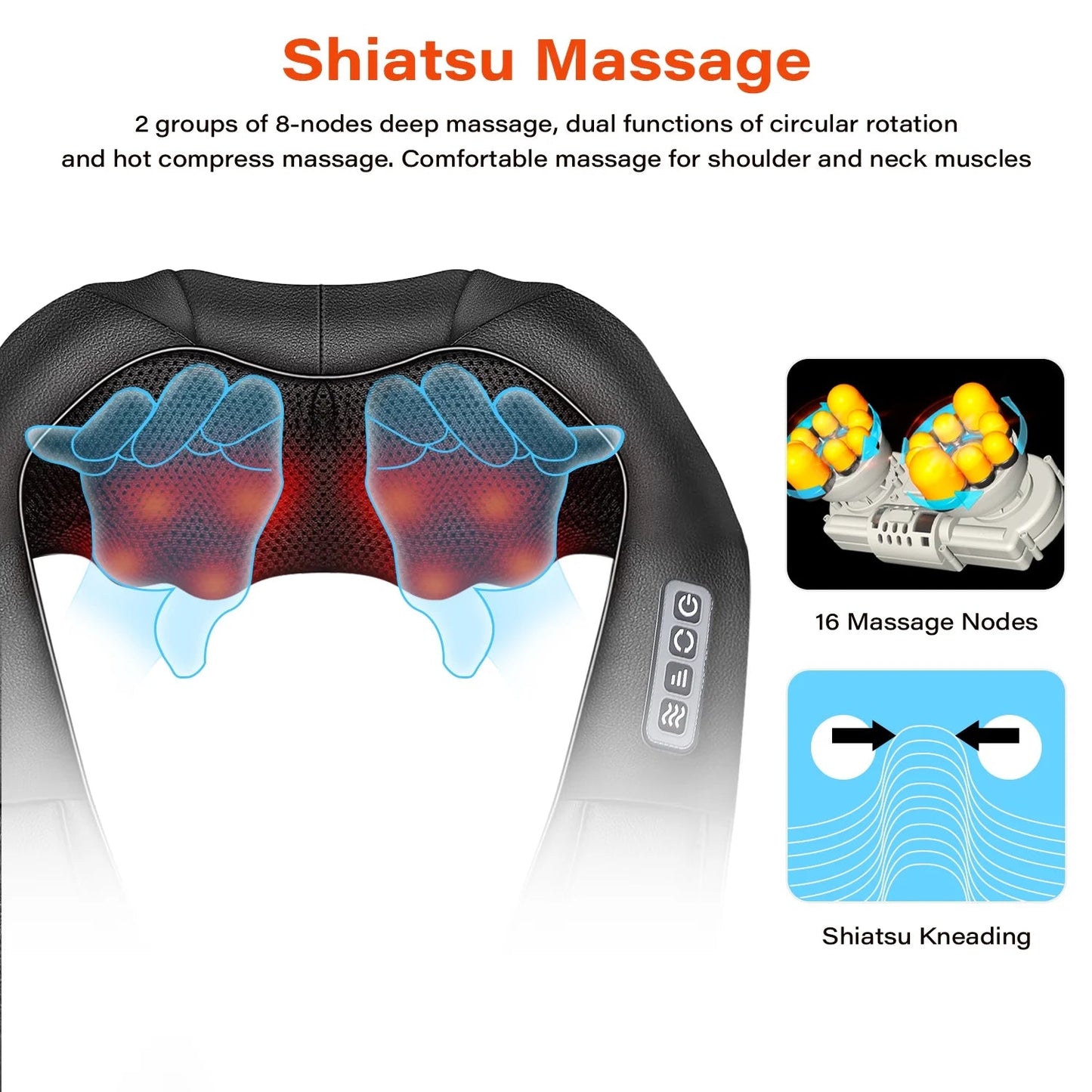Shiatsu deep tissue neck and shoulder massager with 16 massage nodes and heat therapy