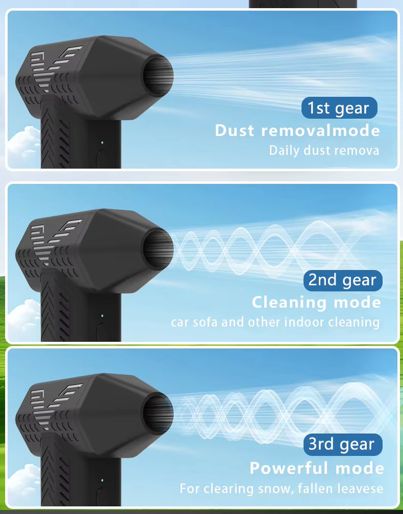 X5 130000RPM Turbofan handheld air duster showing three adjustable speed modes for dust removal, cleaning, and powerful blowing.