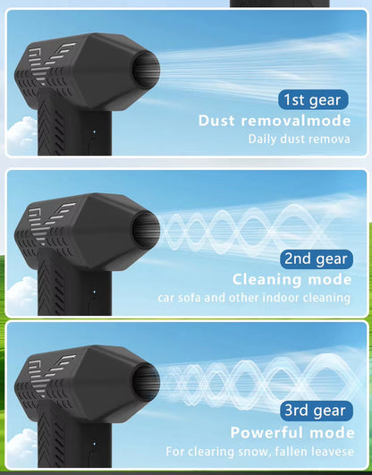 X5 130000RPM Turbofan handheld air duster showing three adjustable speed modes for dust removal, cleaning, and powerful blowing.