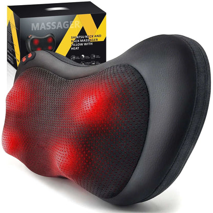 Shiatsu back massager pillow with heat and deep tissue kneading for neck, back, office, home, and car use