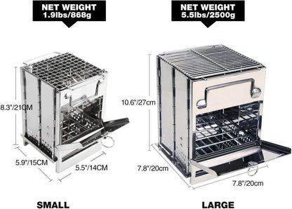 Wood burning folding camp stove stainless steel portable collapsible backpacking stove large and small sizes with grill and ash pan for outdoor camping and hiking