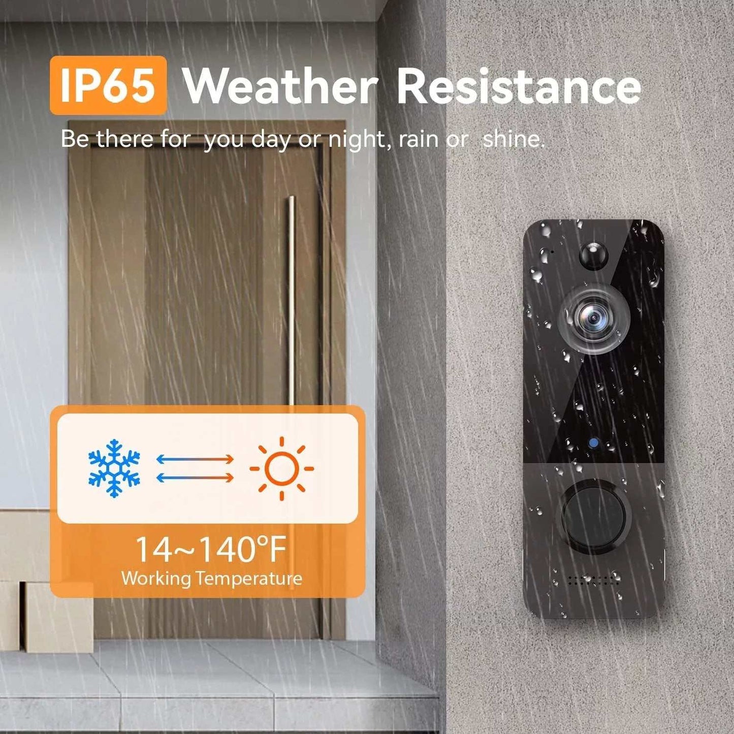 Wireless doorbell camera with chime, IP65 weather resistance, 1080P HD video, night vision, two-way audio, and rechargeable batteries in black
