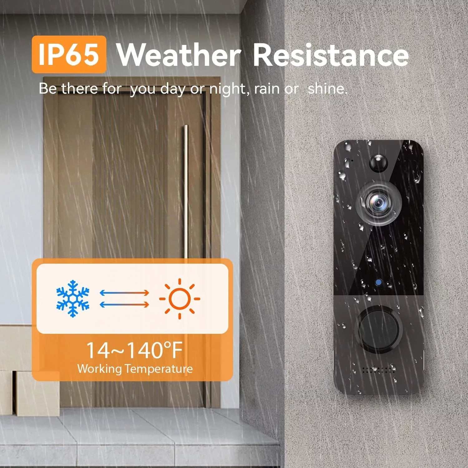 Wireless doorbell camera with chime, IP65 weather resistance, 1080P HD video, night vision, two-way audio, and rechargeable batteries in black