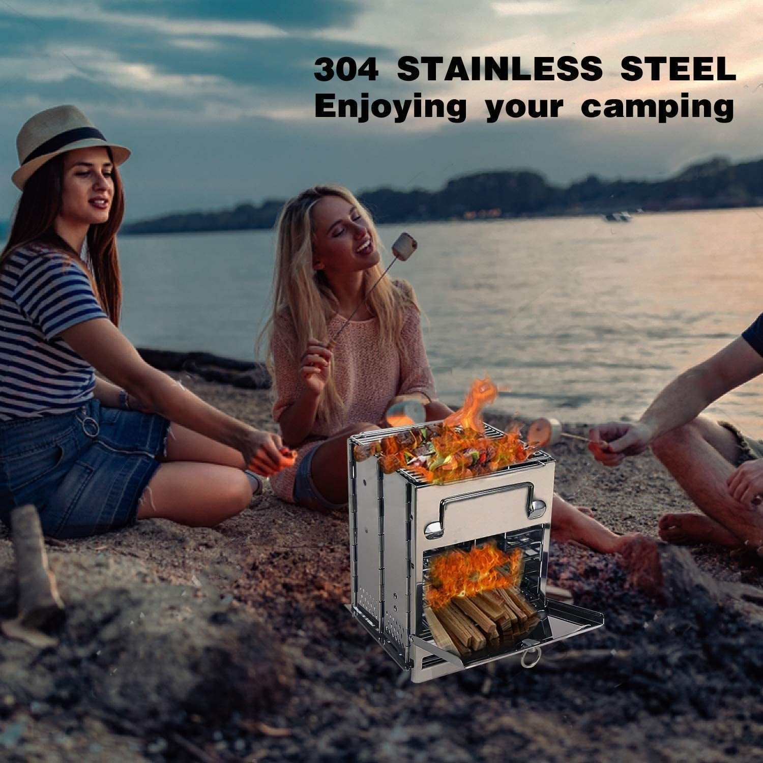 Portable stainless steel wood burning folding camp stove for outdoor camping and backpacking use