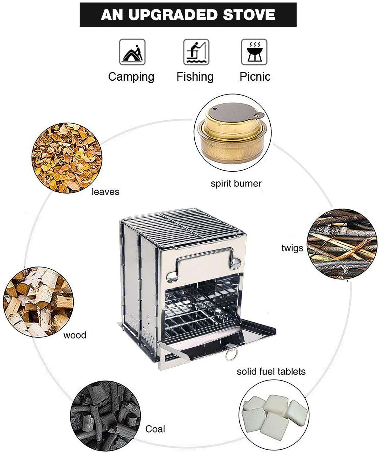 Portable stainless steel wood burning folding camp stove for hiking and camping using various fuels like leaves, twigs, and solid fuel tablets.
