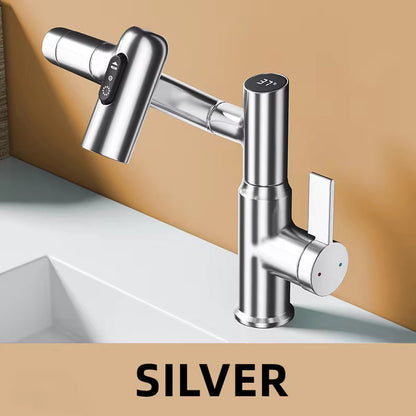 Silver digital display LED basin faucet with 360-degree rotation and multi-function sprayer for hot and cold water sink mixing