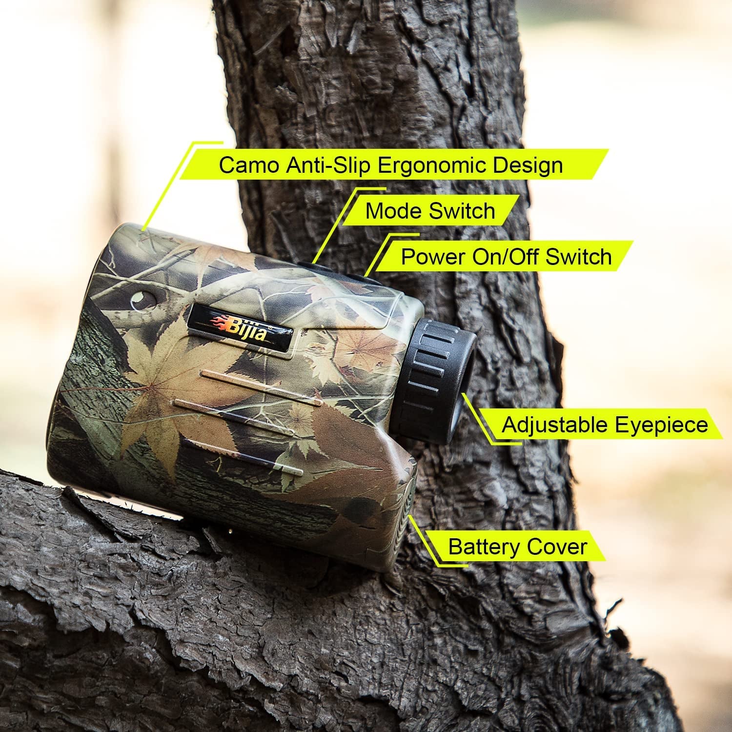 Camo ergonomic hunting rangefinder with adjustable eyepiece and mode switch on tree bark background
