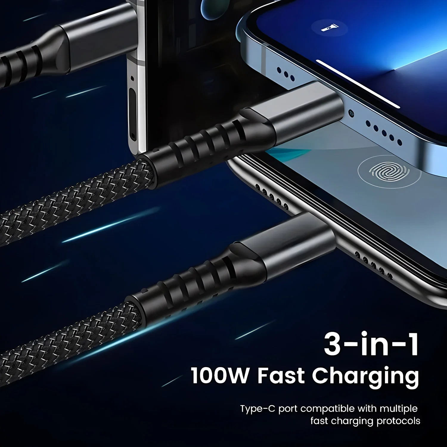 3 in 1 charging cable with 100W fast charging and durable braided design