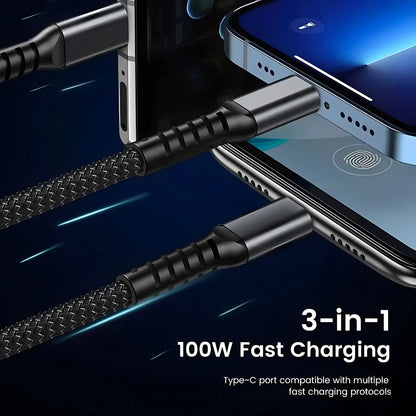 3 in 1 charging cable with 100W fast charging and durable braided design