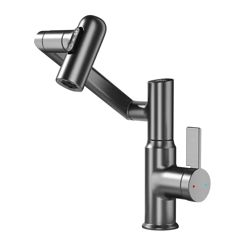 Digital Display LED Basin Faucet with 360-degree rotation and multi-function sprayer in sleek black finish
