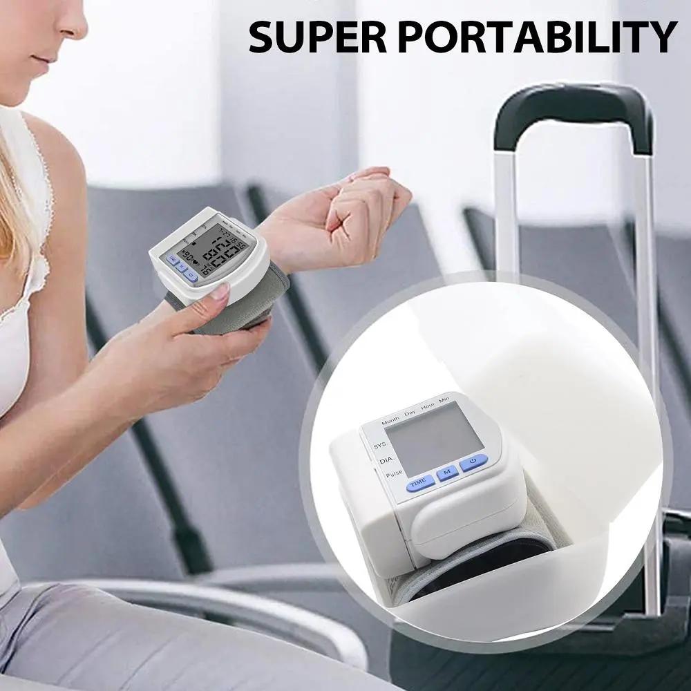 Digital wrist blood pressure monitor with large LCD, portable design, and automatic measurement for systolic, diastolic, and pulse rates.