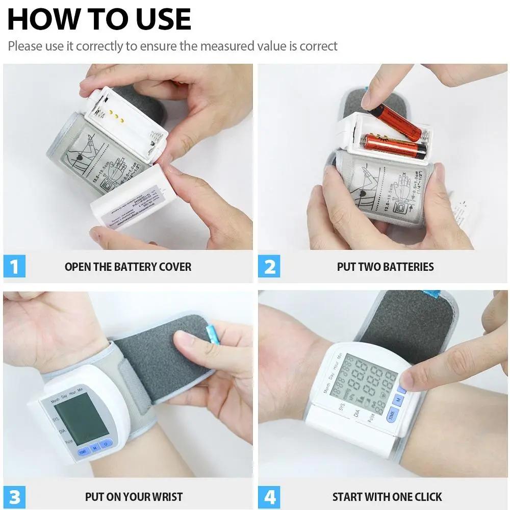 Digital wrist blood pressure monitor with LCD display showing usage steps and battery installation
