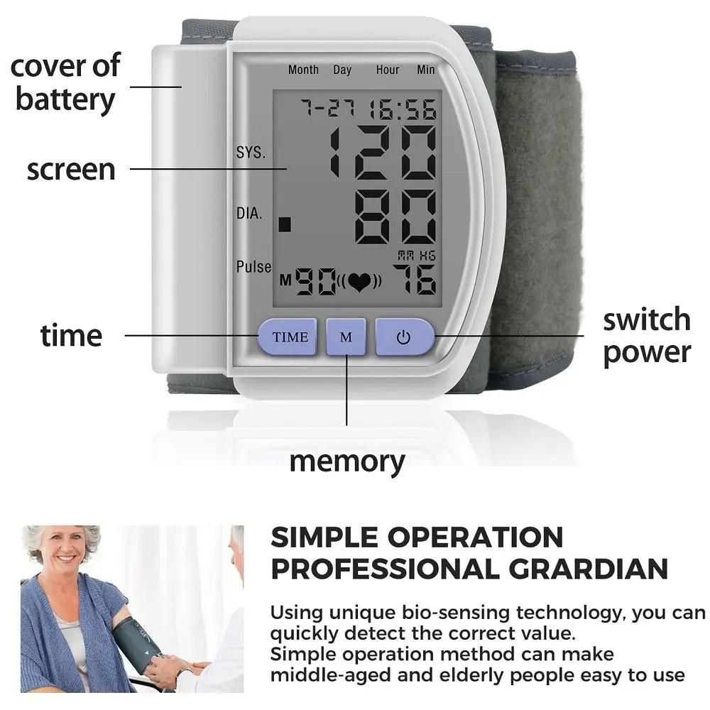 Digital Wrist Blood Pressure Monitor with LCD display for systolic, diastolic pressure and pulse, memory for 90 readings, and automatic shutoff.
