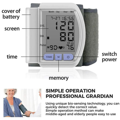 Digital Wrist Blood Pressure Monitor with LCD display for systolic, diastolic pressure and pulse, memory for 90 readings, and automatic shutoff.