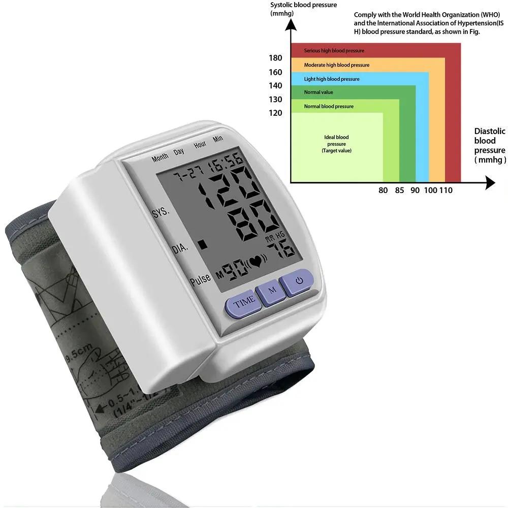 Digital wrist blood pressure monitor with LCD display measuring systolic, diastolic pressure, and pulse.