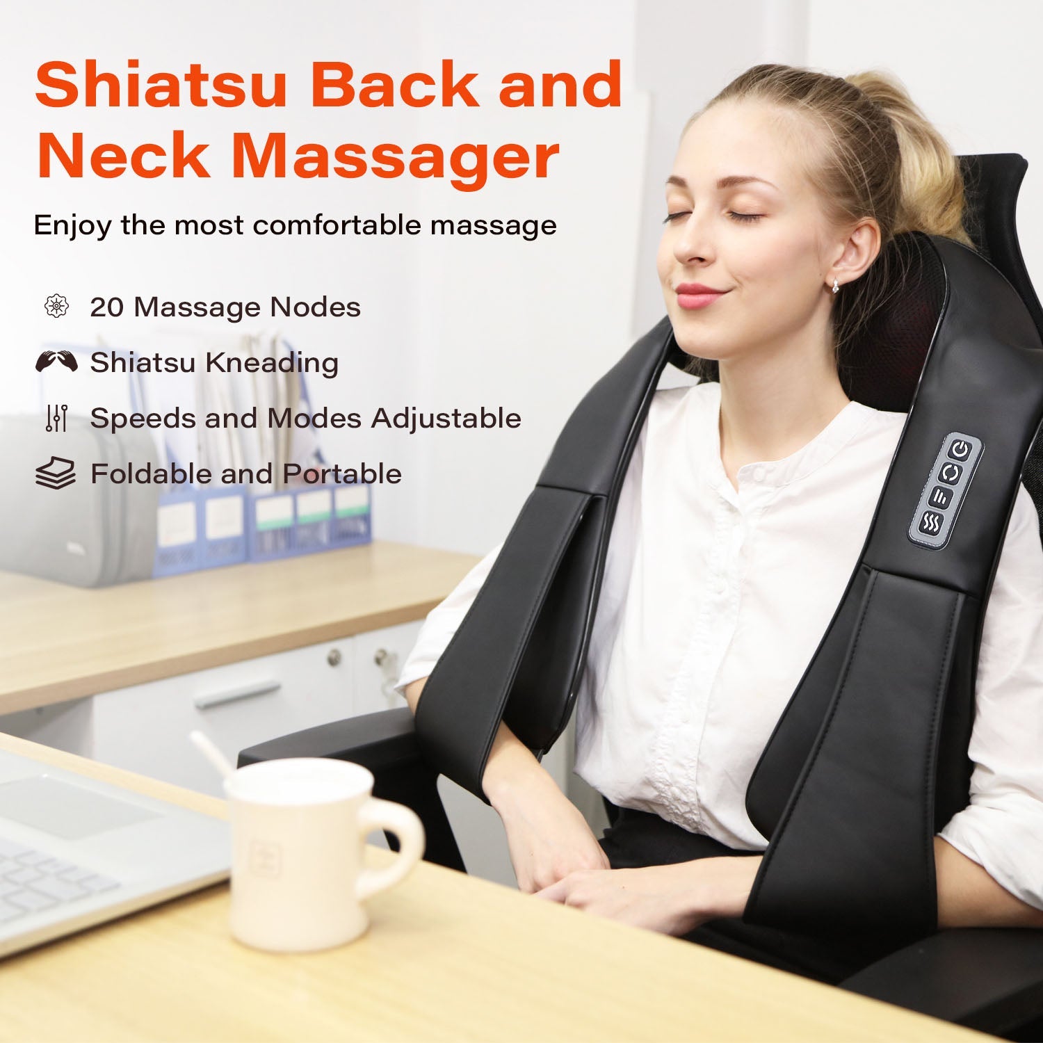 Woman using Shiatsu deep tissue neck and back massager with controls on office chair