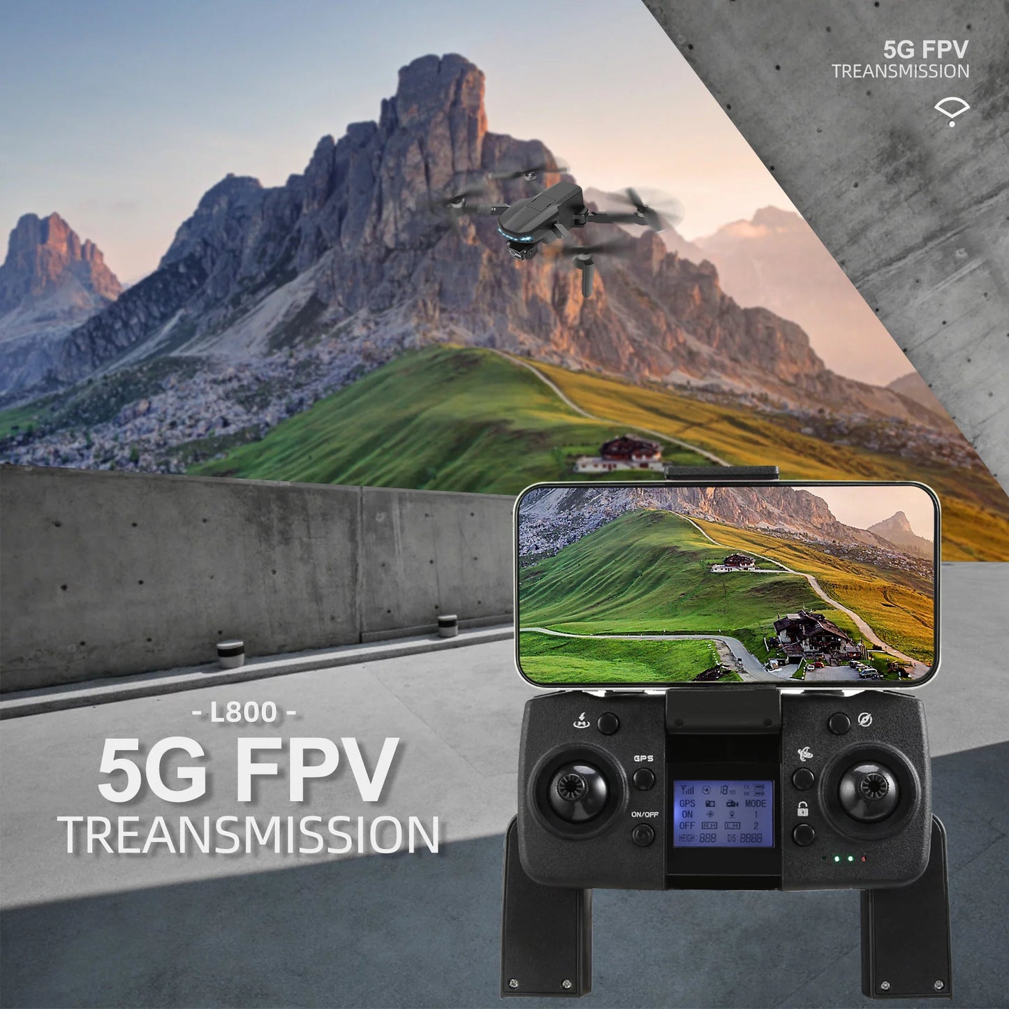 Black drone with camera flying over mountains showing 5G FPV live transmission on smartphone screen with remote controller